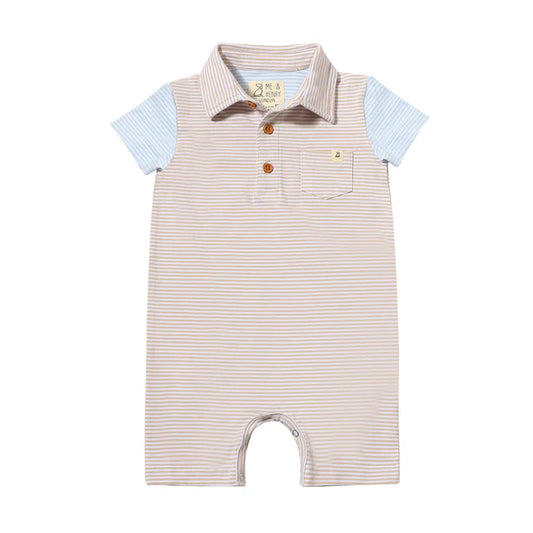 Polo Romper Beige Stripes w/ Sky Stripped Sleeves