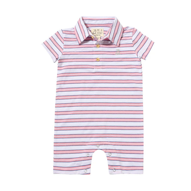 Polo Romper Pink/ Navy/ White Stripes