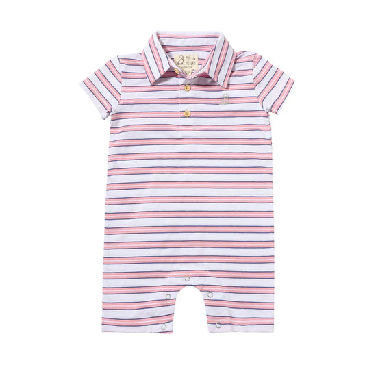 Polo Romper Pink/ Navy/ White Stripes