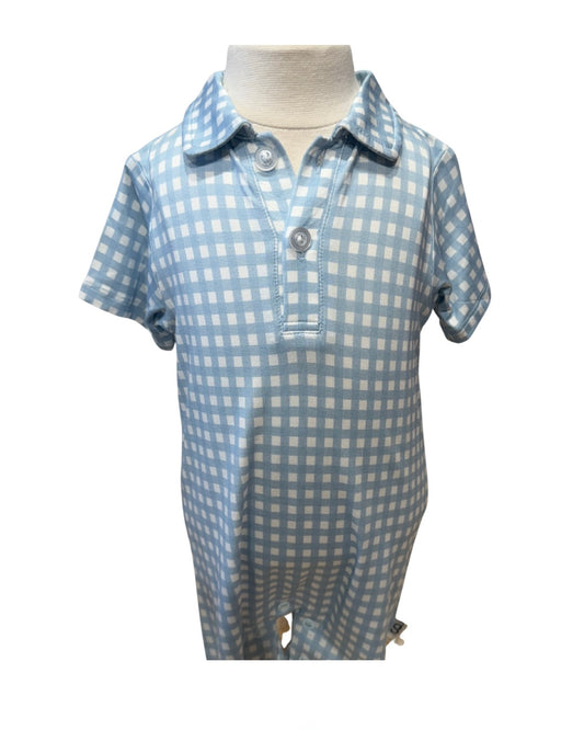 Blue Gingham SS Polo Romper