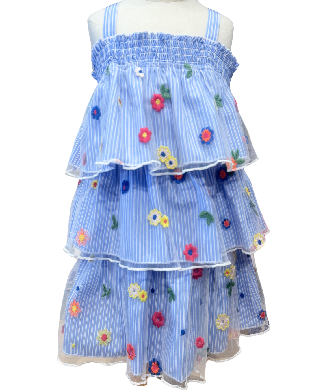 Embroidered Overlay 3-Tier Mesh Dress