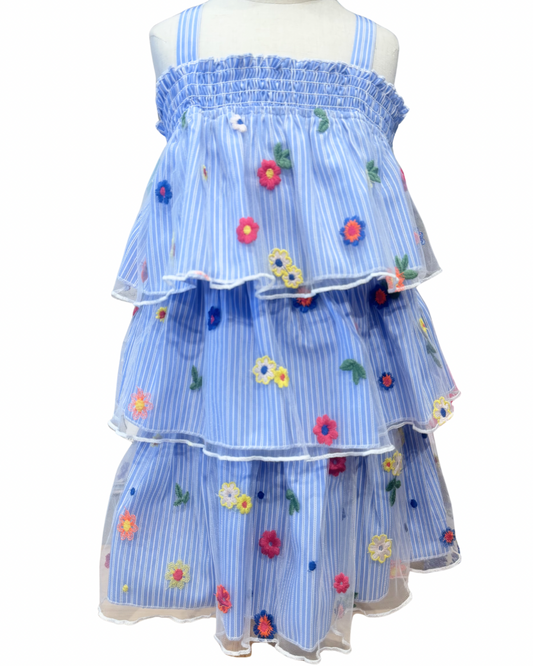 Embroidered Overlay 3-Tier Mesh Dress