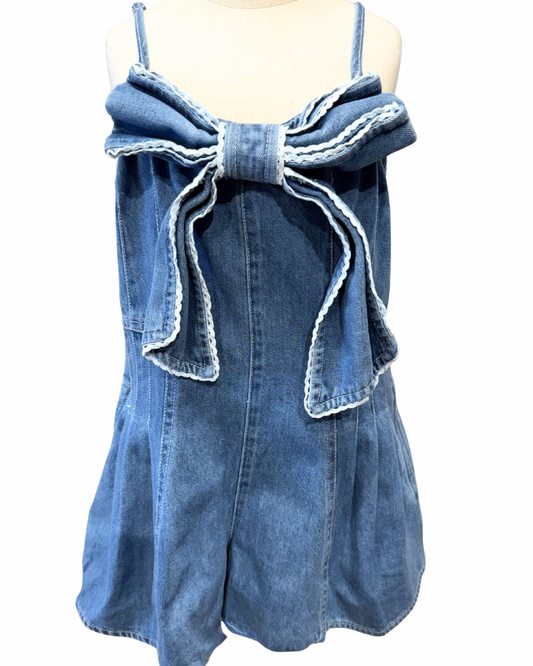 Front Bow Scallop Trim Detail Denim Romper
