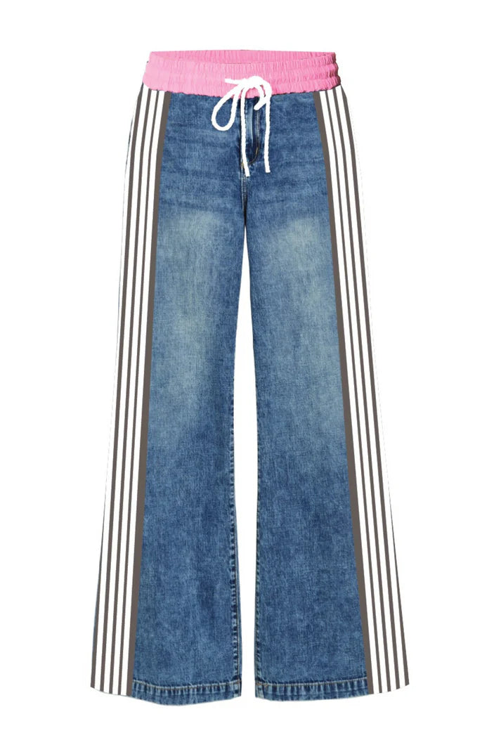 Denim track pant with pink waist and side stripes