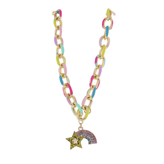 Kids Enamel Multi Chain Necklace With Crystak Star And Rainbow