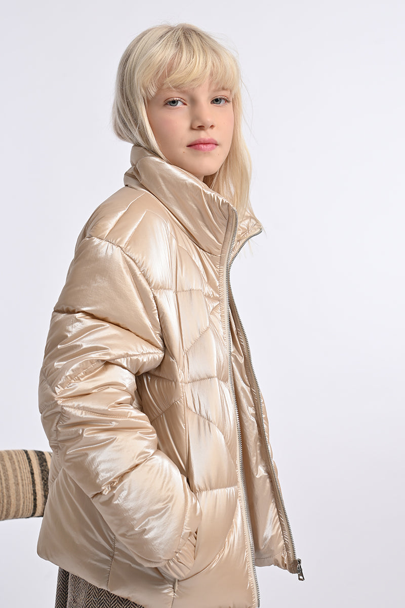 Girls Beige Woven Padded Jacket