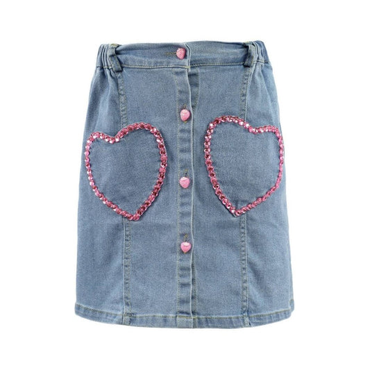 Pink Gem Hearts Denim Skirt