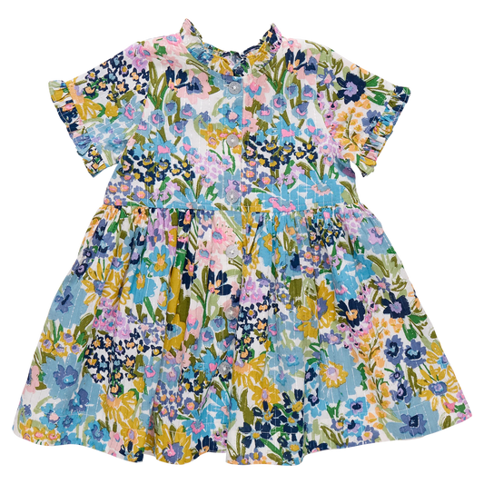 Girls Autumn Dress - Blue Large Sketched Florals