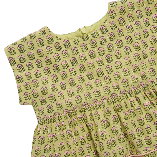 Girls Peachy Dress - Green Prairie Block Print