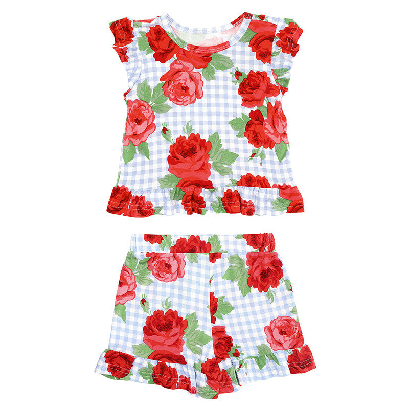 Red Roses Two-Piece Short Sleeve + Shorts Ruffle Set