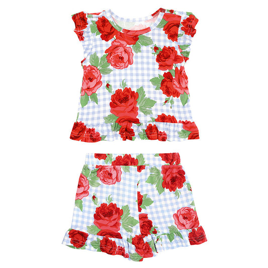 Red Roses Two-Piece Short Sleeve + Shorts Ruffle Set