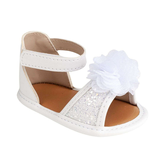 INFANT WHITE PU/GLITTER SANDAL W/ CHIFFON FLOWER
