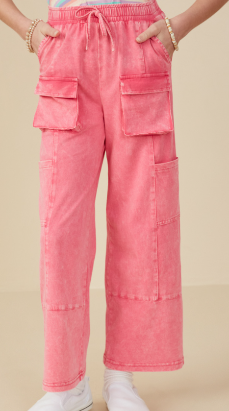 Washed Cargo Pocket Detail Wide Leg Knit Pants