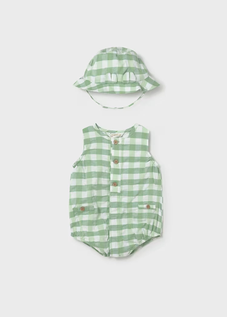 Green Gingham Romper W/ Hat