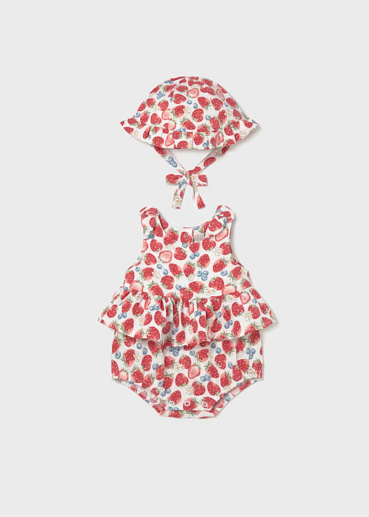 Strawberry Print Romper W/ Hat