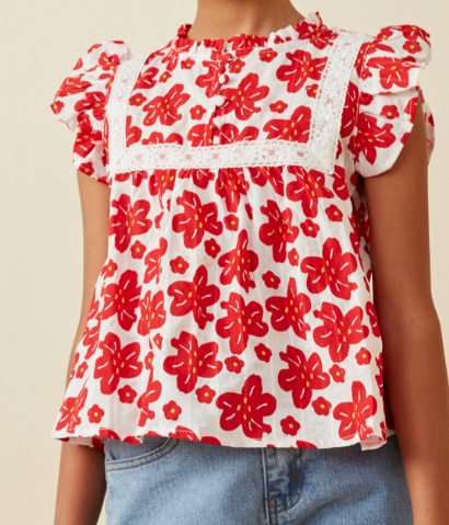 Embroidery Textured Floral Lace Inset Top